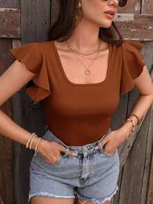 Privé Camiseta de manga corta y cuello redondo de unicolor casual de verano, top de otoño - Marrón - Ver 8