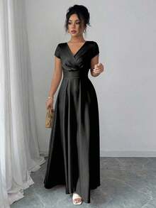 Vestido elegante y romántico para mujeres con cuello en V, mangas cortas y cintura ceñida - Negro - Ver 5