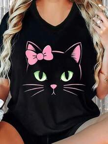100% Algodón Premium 180g .¡Oferta Especial!Playera.Camiseta única con diseño Y2K de gato negro con grandes ojos verdes y moño rosa ideal para amantes de los animales y la moda, perfecta para mostrar tu estilo único y divertido, disponible en una talla, no te la pierdas, atrévete a destacar con esta prenda imprescindible Camiseta Streetwear Unisex Ideal para Conciertos y Regalo - Negro - Ver 6