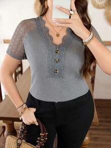 Lacomfia Women's Plus Size Lace Patch Knit T-Shirt, Spring/Summer - 深灰色 - 查看 7