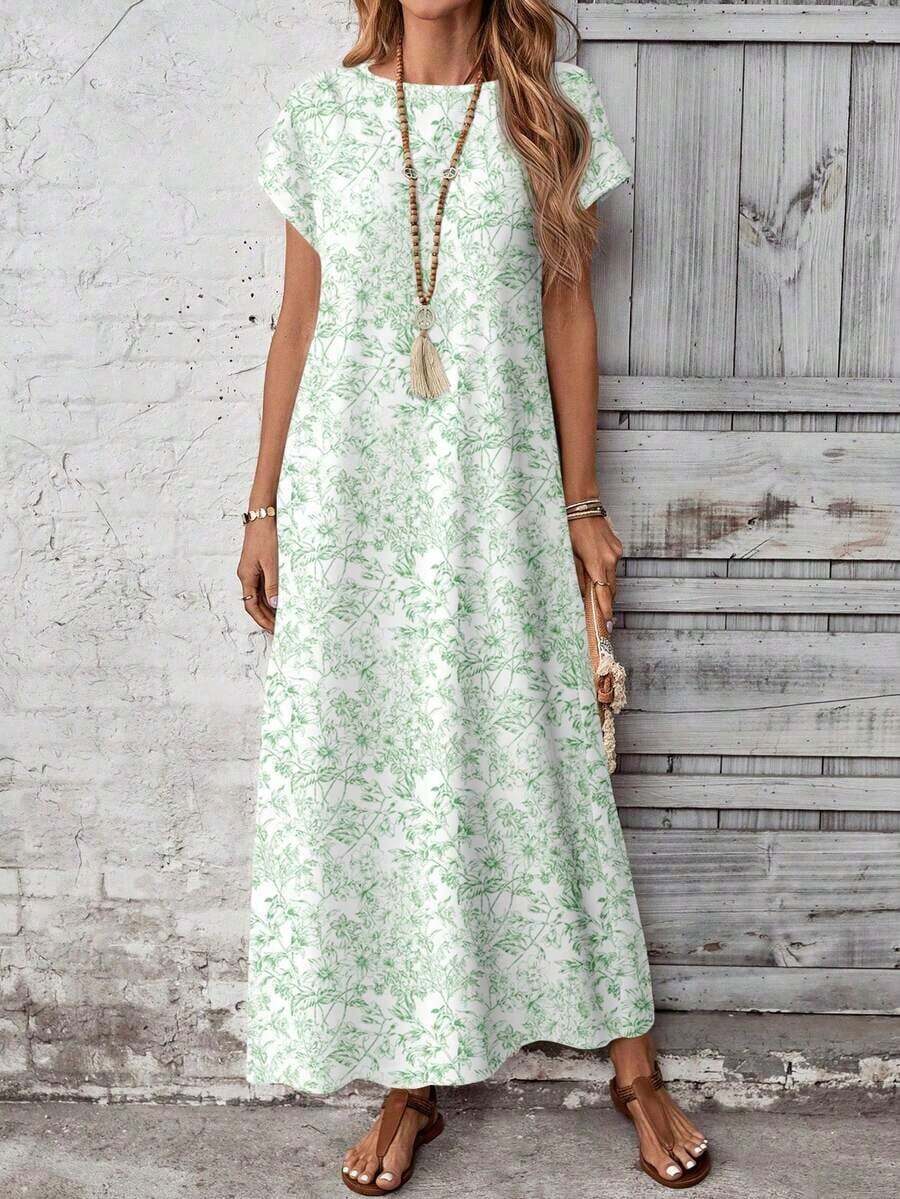 YHHEMERY ROSE Vestido largo de mujer estilo bohemio con estampado, cuello redondo, manga corta tipo murciélago, bajo acampanado, informal y multicolorYHH - Verde - Ver 1