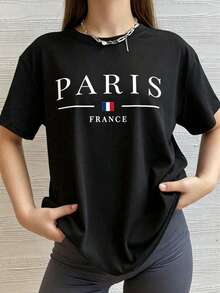PARIS Printed T-Shirt, Short Sleeve Round Neck, Casual Top For Summer And Spring, Women's Clothing - 黑色 - 查看 1