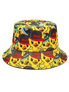 Sombrero de cubo reversible con estampado de pato de dibujos animados, adecuado para viajes al aire libre y playa, verano, vacaciones - A - Ver 10