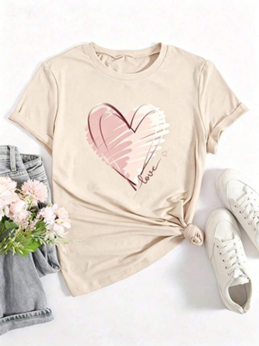 Short-Sleeved T-Shirt With A -Style Print. This Basic Style (The Pants Are Just A Styling Suggestion) Features A Relaxed, Loose Fit That Doesn't Require You To Be Tall Or Slim. It's Simple, Elegant, And Timeless. The Fabric Is Lightweight And Breathable, Making It Cool And Comfortable To Wear In Summer. The Fashionable Custom Print Adds A Unique Touch. It's Suitable For Everyday Wear, Hanging Out With Friends, And Lounging At Home, And It's Also Affordable And Versatile. - 米色 - 查看 1
