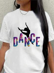 Camiseta de baile para mujer de poliéster, con un colorido estampado de galaxia combinado con una silueta de bailarina, ligera y cómoda, adecuada para estudios de baile o uso diario, diseño de manga corta, ideal tanto para práctica como para presentaciones. camisas de mujer - Blanco - Ver 7