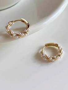 1 Pair Faux Pearl Hoop Earrings, Luxury Elegant Clip-On Earrings, Versatile Accessories For Women - Gold - View 2