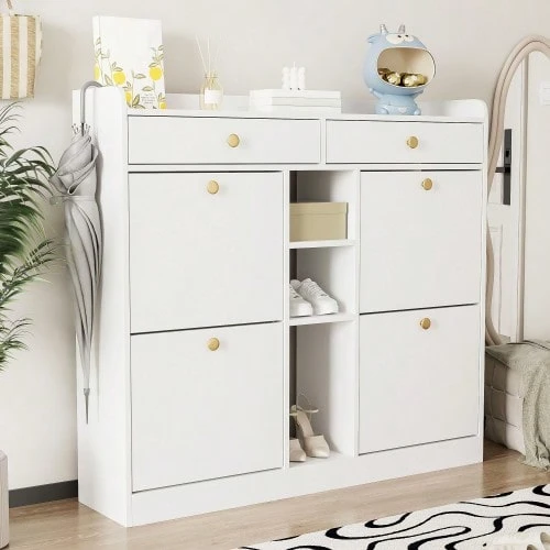 Élégant meuble à chaussures blanc avec 4 portes à charnières, 2 tiroirs et 3 compartiments ouverts – idéal pour les entrées et couloirs modernes, dimensions 110 x 26 x 100 cm - Blanc - Voir 1