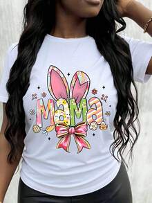 GraphicMama Camiseta de Mujer con Orejas de Conejo y Lazo de Pascua, Camiseta Gráfica Divertida para las Fiestas de Primavera, Bonito Atuendo de Pascua para Mamá - Blanco - Ver 1