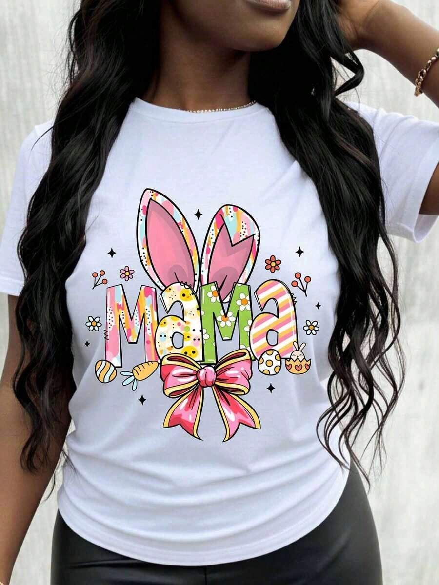 GraphicMama Camiseta de Mujer con Orejas de Conejo y Lazo de Pascua, Camiseta Gráfica Divertida para las Fiestas de Primavera, Bonito Atuendo de Pascua para Mamá - Blanco - Ver 1