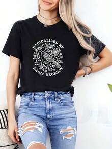 Men's T-Shirt: Protest T-Shirt For Social Justice And Basic Decency That Radicalizes | Floral Activism T-Shirt With Birds, Black And White Graphic Design, Unisex Regular Fit, Breathable Casual Wear, Ideal Gift For Activists And Allies, Crew Neck, Short Sleeve - 黑色 - 查看 6