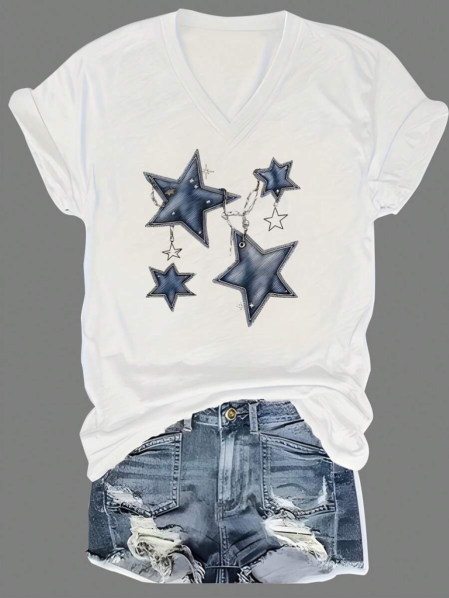 Playera De Manga Corta Con Estampado De Estrellas Para Mujer Camiseta Casual De Cuello En V Suave Estilo Verano - Blanco - Ver 1