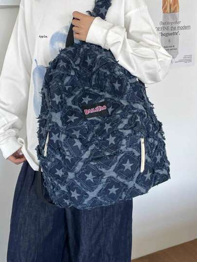 1 chiếc, ba lô denim dung tích lớn 31cm*13cm*38cm, ba lô thời trang, ba lô học sinh, túi đi làm, túi du lịch, ba lô chữ cái sành điệu, có thể đeo vai, xách tay hoặc đeo chéo.