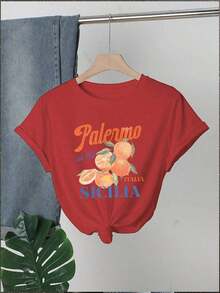 Women's Casual T-Shirt With Letter And Fruit Print, Drop Shoulders, Round Neck, 100% Cotton, Durable - 紅色 - 查看 7