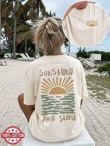 Women's Reversible Printed Clothing For Spring And Summer, With A Vintage Sun And Wave Style, Perfect For Casual Wear. Short-Sleeved, Off-The-Shoulder, Loose-Fitting T-Shirt, Women's Winter Clothing - 杏色 - 查看 1