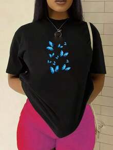 Starry Sky Blue Butterfly Print T-Shirt | Women's Versatile Short Sleeve Black Top, Casual Style, With Round Neck And Color Block Details | Women's Blouses > Clothing - 黑色 - 查看 1