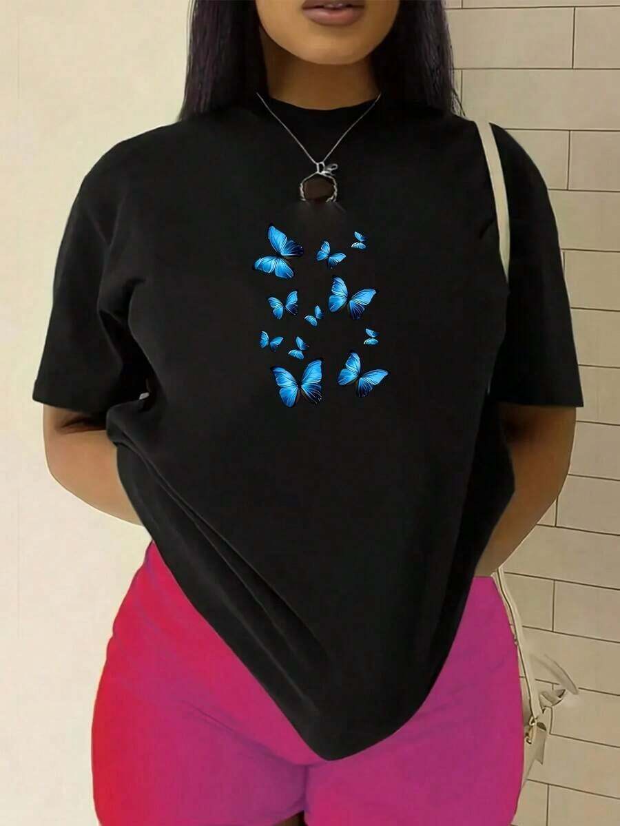Starry Sky Blue Butterfly Print T-Shirt | Women's Versatile Short Sleeve Black Top, Casual Style, With Round Neck And Color Block Details | Women's Blouses > Clothing - 黑色 - 查看 1