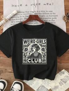 1 Piece Of Women's Clothing, Black Retro Floral Print T-Shirt, Casual Unisex Round Neck T-Shirt, Lightweight Knit Fabric, Machine Washable, For Spring/Summer/Autumn, Halloween, Christmas, Valentine's Day, 180g, 100% Cotton. - 黑色 - 查看 1