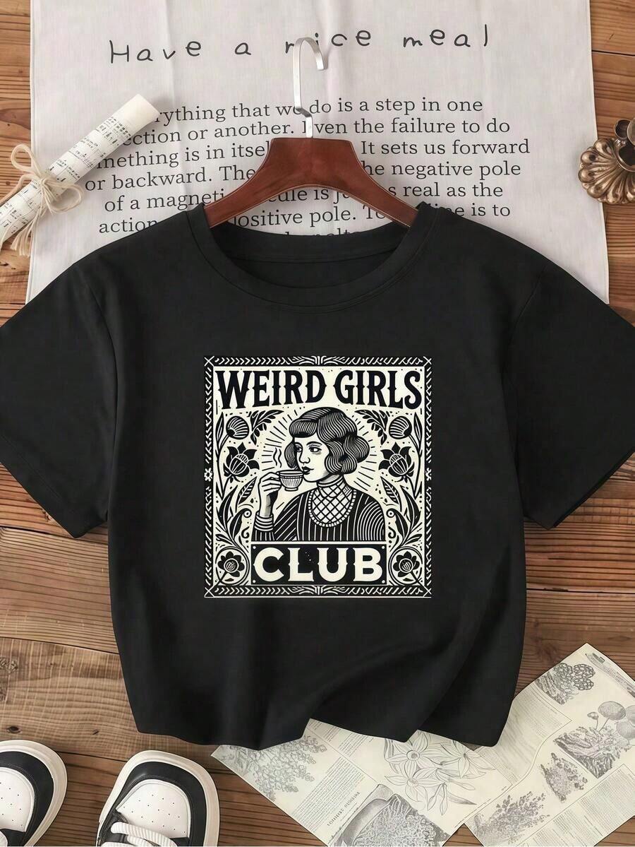 1 Piece Of Women's Clothing, Black Retro Floral Print T-Shirt, Casual Unisex Round Neck T-Shirt, Lightweight Knit Fabric, Machine Washable, For Spring/Summer/Autumn, Halloween, Christmas, Valentine's Day, 180g, 100% Cotton. - 黑色 - 查看 1