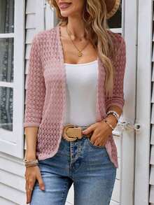 Cárdigan casual de mujer de manga 3/4 con abertura frontal, ropa de otoño e invierno para mujeres - Rosa - Ver 5