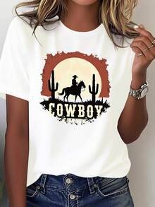 Women's Western Cowgirl Graphic T-Shirt - 100% Soft Crew Neck Short Sleeve Cactus & Cowboy Silhouette Print, COWBOY Lettering, All Year Round Casual Comfort, White Desert Brown Beige Design Ideal For Country Festivals And Casual Wear, Geometric Pattern, Machine Washable, Relaxed Drape, Western Inspired Fashion, Breathable Non-See-Through Fabric, All Season Women's Shirts - 白色 - 查看 6