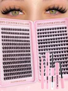 384/352pcs Curly Fluffy Single Cluster False Eyelashes Set, Suitable For Beginners, Dense Voluminous Detachable Lashes, Includes Eyelash Glue, Styling Liquid, Tweezers And Magnifying Glass, Soft Reusable 3D Stereoscopic False Eyelashes, Suitable For Daily, Travel, Party And Bridal Wedding DIY Eye Makeup - 黑色 - 查看 10