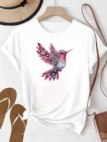Camiseta de mujer de cuello redondo con estampado gráfico de moda, suave y cómoda, lavable a máquina, casual, elegante, versátil, adecuada para uso diario, para ir al trabajo o para vacaciones. - Blanco - Ver 7
