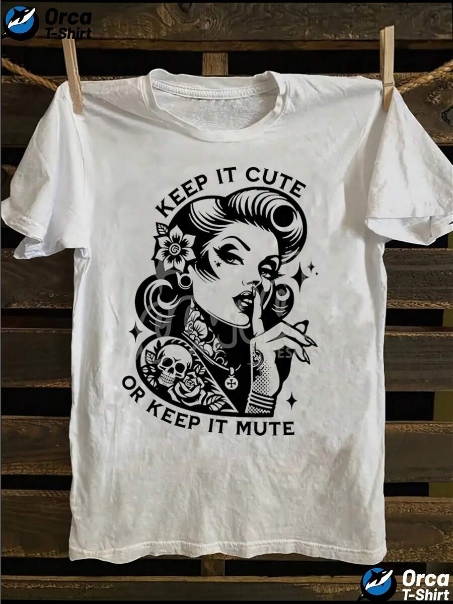 1 camiseta de estilo gótico punk vintage para mujer y unisex - camiseta blanca retro de los 80, estampada con motivos de rosas y belleza en la parte trasera, con el eslogan "Stay cute or stay silent", top de manga corta suave y transpirable, adecuada para el estilo punk, 180g 100% algodón. - Blanco - Ver 1