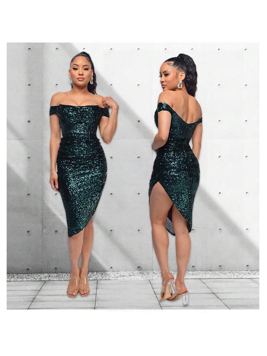 Women's Champagne-Colored Sequined Dress, Off-Shoulder Draped Design, Asymmetrical Side Slit, Stretchy Shiny Fabric Ideal For Summer Parties, Weddings As A Guest And Elegant Outdoor Dinners, Sexy Glamorous Style Perfect For Celebrations And Formal Events - 墨綠色 - 查看 1