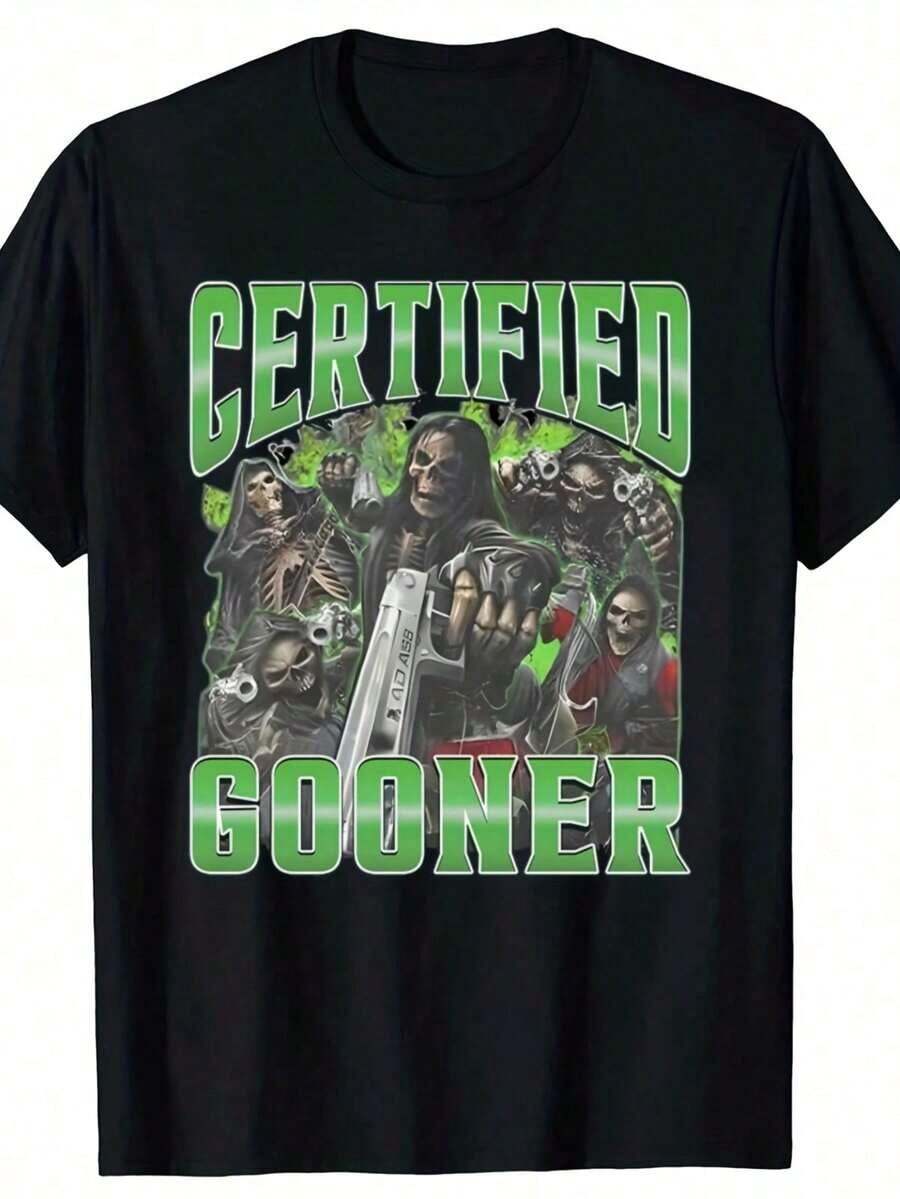 100% Cotton T-Shirts With 'Certified Gooner' Skeleton Meme Print, Casual Fashion For Men And Women, Loose Fit Urban Style T-Shirt - 白色 - 查看 1
