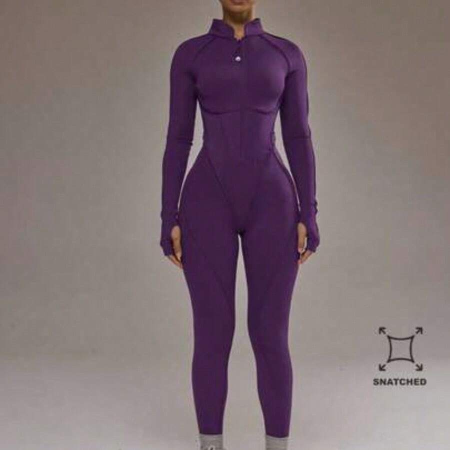 Sport Contrast Piping Zip Through Open Back Fitted Long Sleeve Jumpsuit Padel Activewear Sport Gym Workout Yoga Pilates Fitness Daily Casual - Morado - Ver 1