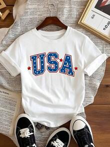 Women's Casual T-Shirt With Round Neck And Short Sleeves, Polyester, Patriotic USA Design With Heat Transfer Print, Casual Clothing For Women And Breathable And Comfortable Fabric. - 白色 - 查看 1