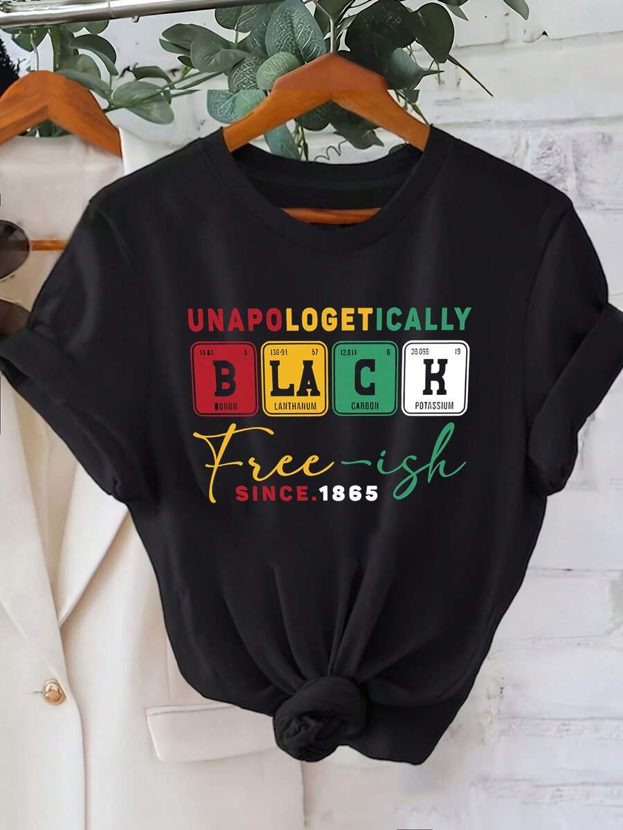 Women's Tops, Women's T-Shirts, Mother's Day, Casual Blouses For Ladies, Women's Tops, 2000s Style, Graphic Print T-Shirt Of The Periodic Table Of Elements, Casual Short Sleeve Round Neck T-Shirt For Women, Spring-Summer, Daily Leisure, Holiday Gift. - 黑色 - 查看 1