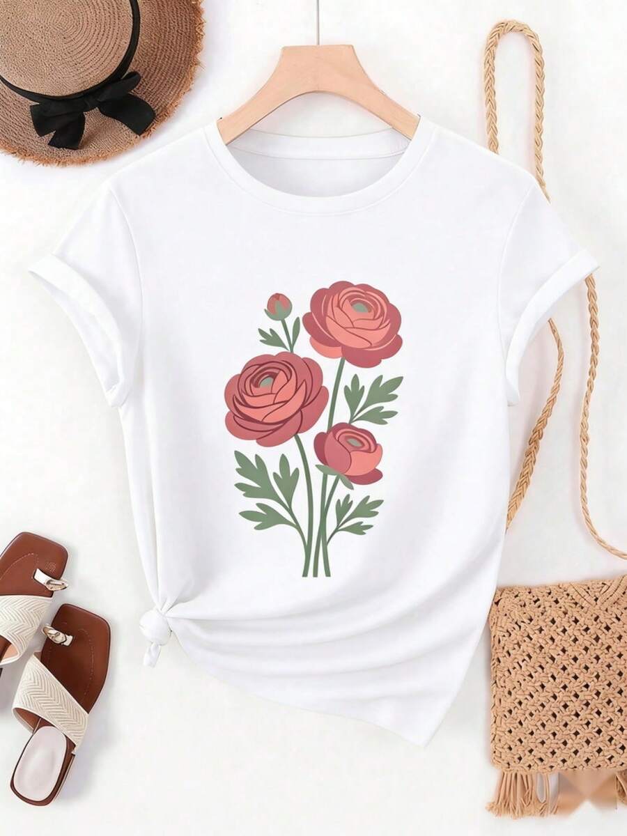 Plus Size Women's Casual Essential One-Piece Summer Wear, Spring Pink Ranunculus Flower Print T-Shirt, Round Neck, Short Sleeve, Casual Fashion Top, Stylish And Elegant Clothing, Loose Fit, Holiday Gift, Fun Design, Daily Wear, Loungewear, Soft Cotton Everyday Wear. - 白色 - 查看 1
