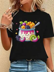 Women's Essential Casual Short Sleeve T-Shirt - Printed Design, Loose Round Neck, Breathable Medium Stretch Fabric, Machine Washable, Versatile Top For All Seasons, Suitable For Daily Wear, Fun Patterns, Comfortable Material, Modern Style, Soft Cotton For Everyday Wear. - 黑色 - 查看 12
