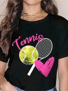 Women's Casual Tennis Lover T-Shirt - Adorable Tennis Ball, Racket, And Heart Design - Fun Graphic Tee For Tennis Players, Gift For Tennis Fans, Perfect For Tennis Matches, Training, Or Casual Wear - A Must-Have - 黑色 - 查看 7