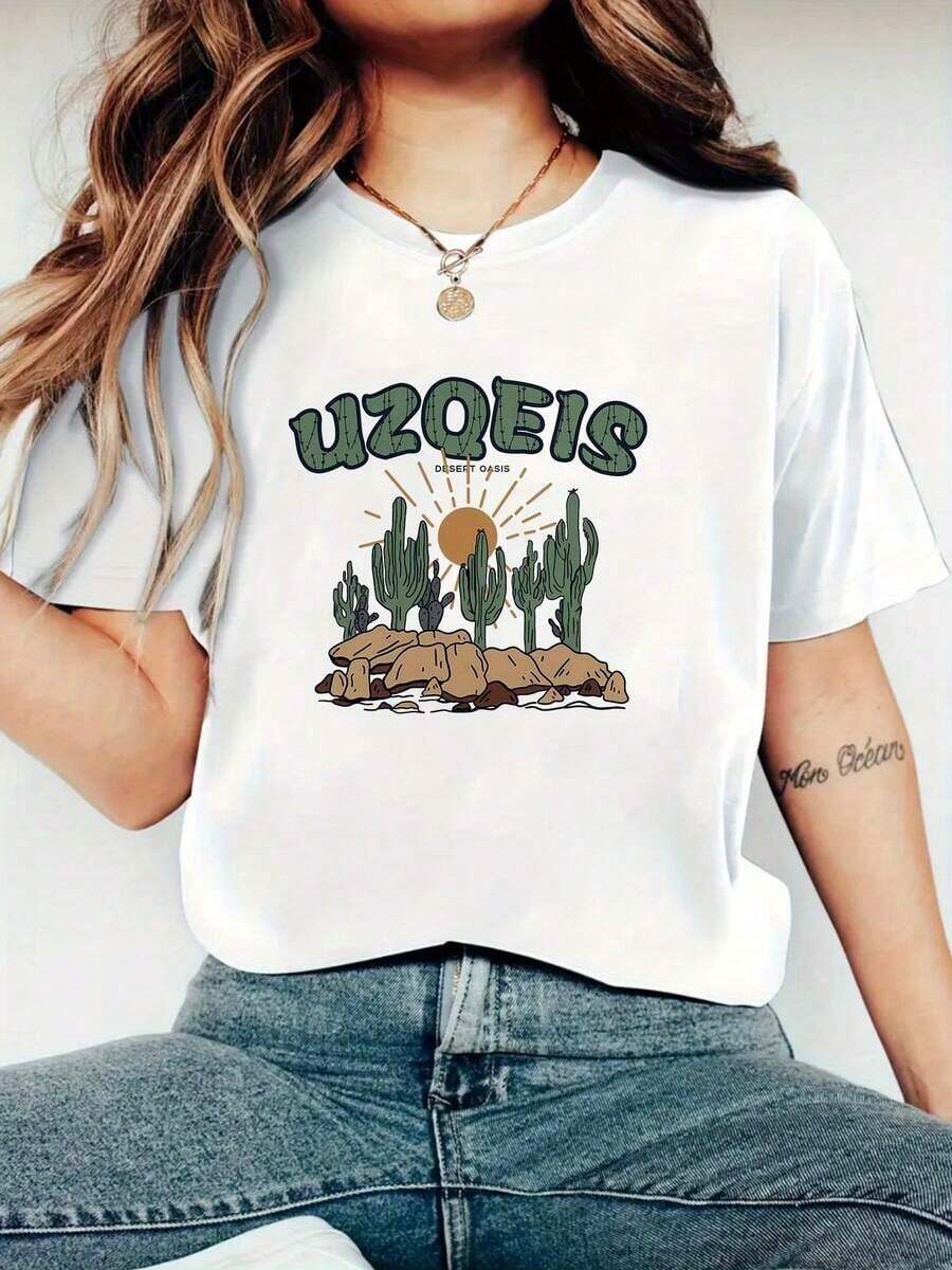 1 Women's Creative Print T-Shirt, Suitable For All Seasons, Simple, Casual, Comfortable, Soft, For Fitness, Daily Outdoor Activities, Versatile And Fashionable Style, Breathable, Round Neck And Short Sleeve, 180g. Summer Tops, Printed T-Shirts For Women, Women's Beachwear For Summer - 白色 - 查看 1
