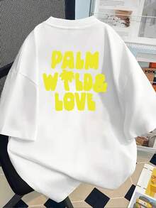 New 180g Short-Sleeved T-Shirt, 1% Cotton, With Front And Back Print - WILD & LOVE, Palm Trees And Love - Fashionable Printed T-Shirt For Women, Short-Sleeved, Suitable For All Seasons, Modern Clothing - Can Be Worn As A Base Layer In Spring And Autumn Or Alone In Summer, Unisex. - 白色 - 查看 2