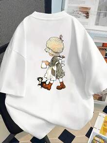 New 180g Short-Sleeved T-Shirt, 1% Cotton, With Prints On The Front And Back - Vintage Style Illustration, Girl And Cat - Fashionable Printed T-Shirt For Women, Short-Sleeved, Suitable For All Seasons, Modern Clothing - Can Be Used As A Base Layer In Spring And Autumn Or Alone In Summer, Unisex. - 白色 - 查看 2