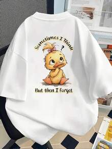 New 180g Short-Sleeved T-Shirt, 1% Cotton, With Prints On The Front And Back - Thinking Duck, Cute Cartoon Duck - Fashionable Printed T-Shirt For Women, Short-Sleeved, Suitable For All Seasons,  Clothing - Can Be Worn As A Base Layer In Spring And Autumn Or Alone In Summer, Unisex. - 白色 - 查看 2