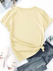 100% Cotton Short-Sleeved T-Shirt With Soft Feather Print, A Must-Have Item For Everyday Summer Wear, Perfect For Beach And Seaside Holidays, The Fabric Is Comfortable, Elegant Blouses For Ladies. - 杏色 - 查看 2