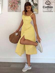 Vestido a media pantorrilla con tirantes a cuadros para mujeres, de moda y apropiado para el verano - Amarillo - Ver 1