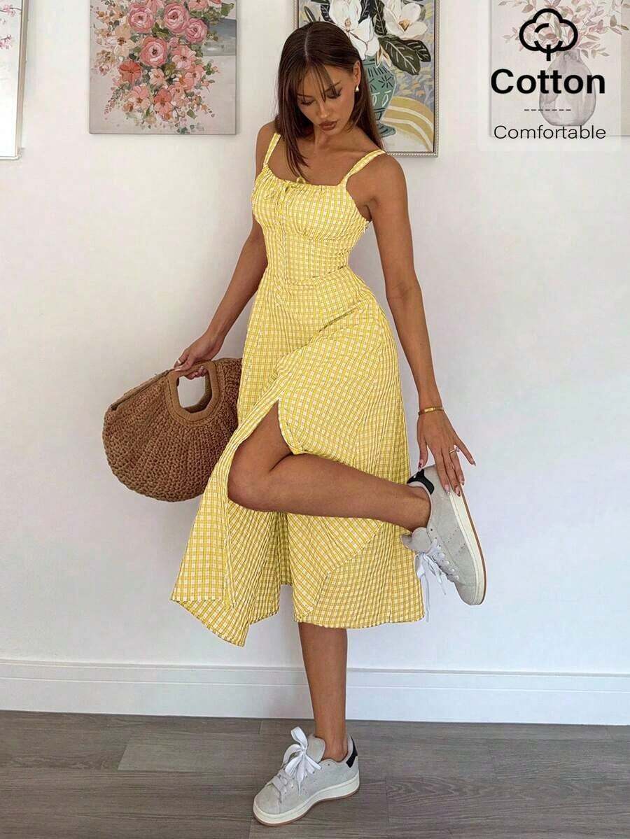 Vestido a media pantorrilla con tirantes a cuadros para mujeres, de moda y apropiado para el verano - Amarillo - Ver 1
