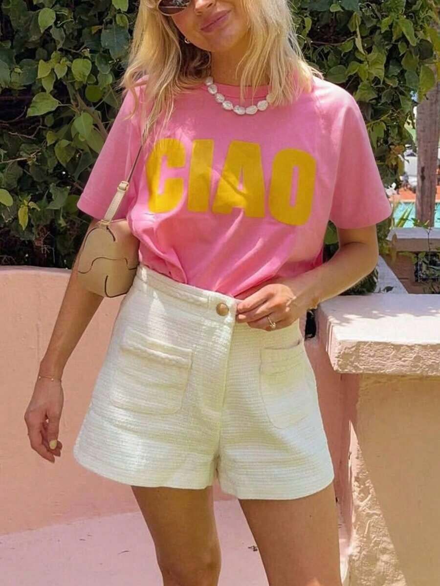 Camiseta de mujer, camiseta gráfica de manga corta de estilo casual de calle, top de verano lindo - Rosa 3 - Ver 1