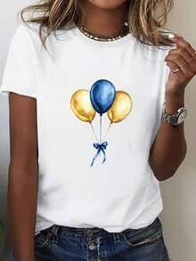 Camiseta blanca, estampada con globos y lazos de cinta. |   Manga corta, cuello redondo, ligero y transpirable, diseño azul y dorado, adecuado para fiestas de cumpleaños, ropa casual holgada, sin relleno en el pecho. - Blanco - Ver 6