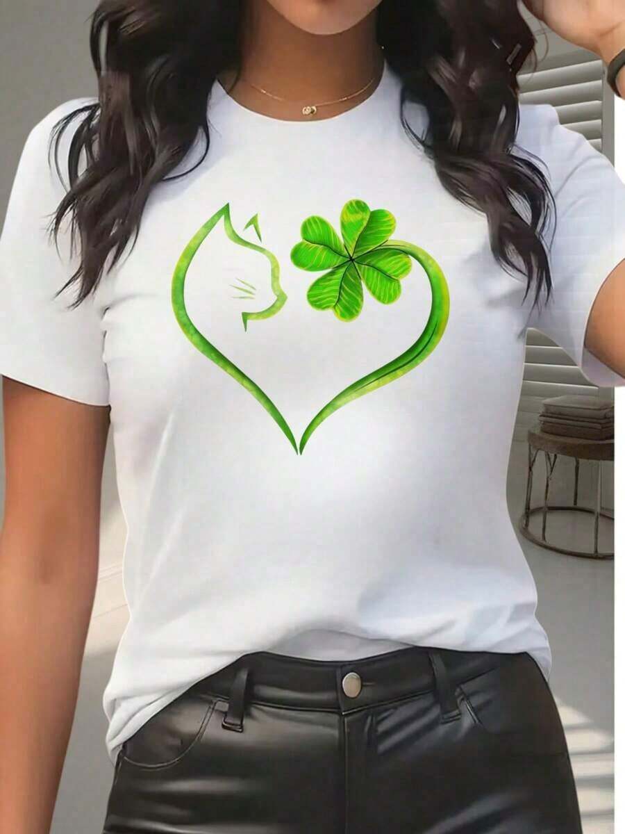 Women's Casual And Modern Style T-Shirt With Lucky Clover And Cat Heart Design, Summer Clothes, Gift For Friends And Family, Daily Wear - 白色 - 查看 1