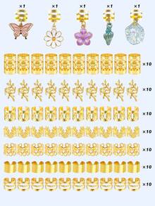 75pcs Floral Fantasy Hair Rings, Includes White Heart, Pearl, Daisy, Pink Butterfly And Camellia, Multi-Shape Adjustable Braided Hair Accessories - Gold - View 6