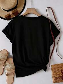Women's Casual Short Sleeve T-Shirt, Round Neck, Drop Shoulders, With Leopard Heart Print, Regular Length - Hitam - View 3