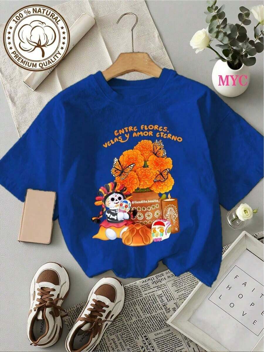 MYNOVA C Women's Soft Cotton T-Shirt, Plus Size, With Day Of The Dead Skull And Flower Print, Halloween Gift, Outfit, Fashionable Women's Summer Dresses, Casual, Perfect For All Seasons, Sizes S M L XL, 100% Cotton Women's T-Shirts - 藍色 - 查看 1