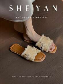 Triomphe-Style Embroidery ~2026. French-Style Embroidered Fringe Slides With A Relaxed Vibe, Flat Soles For Comfort And Versatile Wear. New Genuine Leather Denim Flip-Flops For Women In Summer. - 杏色 - 查看 3
