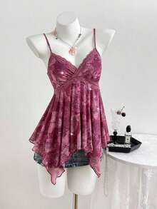 Top de mujer con estampado de leopardo y dobladillo asimétrico con encaje - Rosa Fucsia - Ver 1